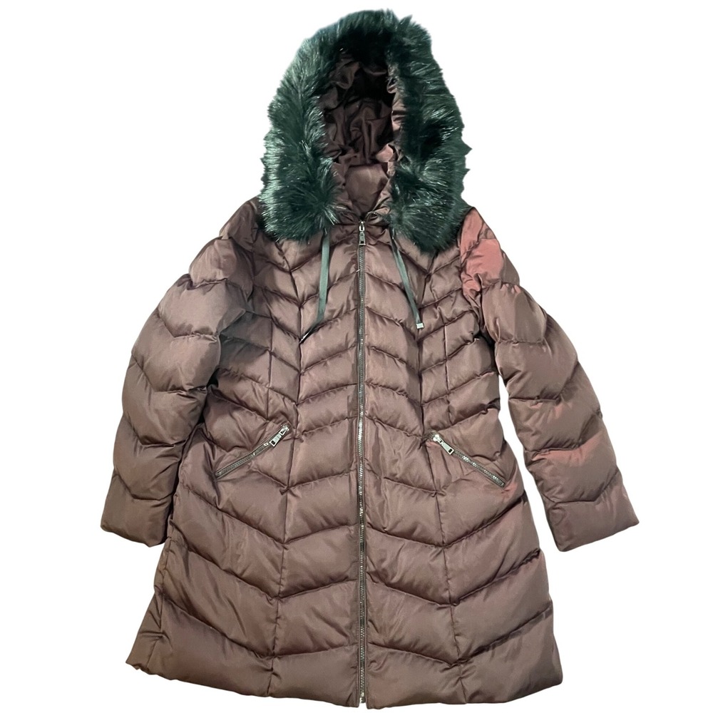 T Tahari Womens Puffer Down Coat Burgundy Faux Fur Hood Zip Plus Size 1X